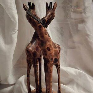 Vintage Hand Carved Double Solid Wooden Giraffes Statue / Figurine 12" Tall.